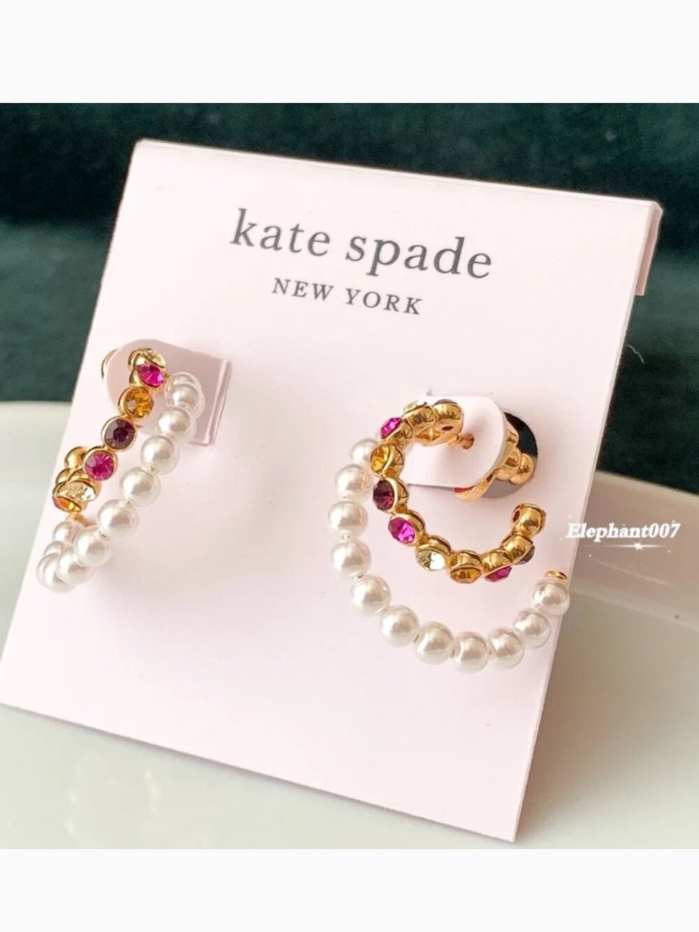 Kate Spade Pearl & Multicolor Crystal Hoop Earrings Gold Tone Double Hoop